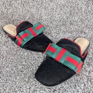 GUCCI Sylvia Bow Velvet Mule Flat Slippers Black Red Green Bow Woman’s EU 39